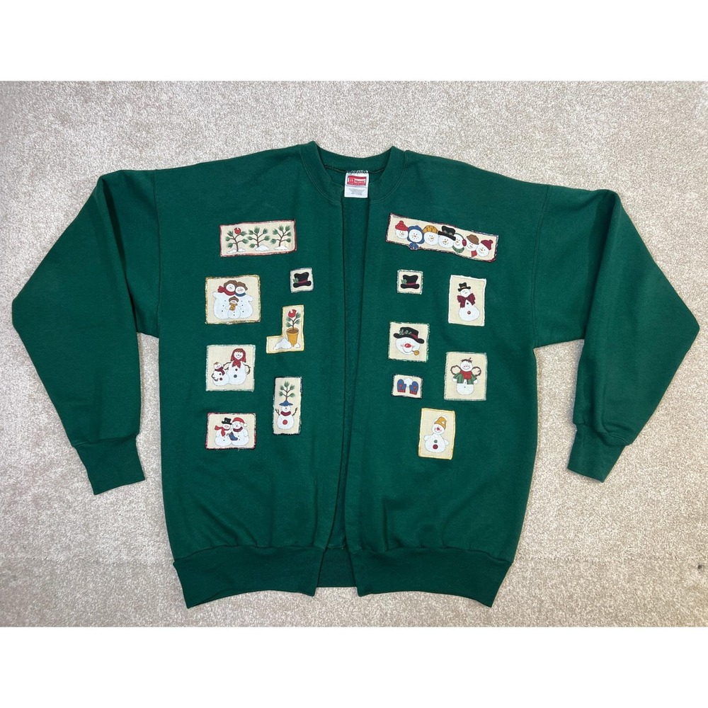 Vtg 90s Hanes Handmade Green Snowman Patchwork Adult XL Ugly Christmas Sweater